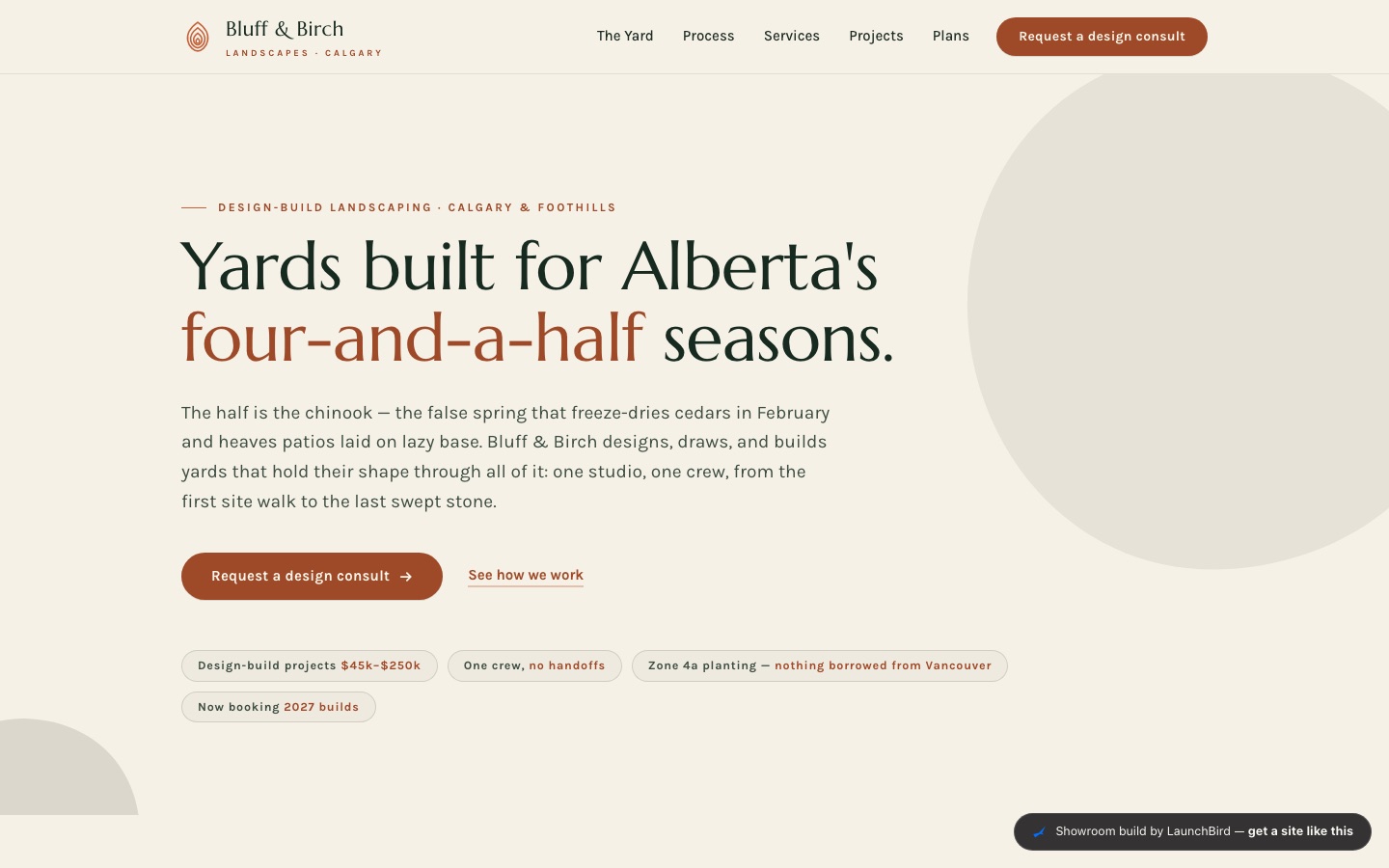 Bluff and Birch Landscapes concept build — organic homepage with four-season SVG scene