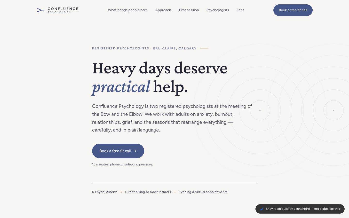 Confluence Psychology concept build — calm paper-toned psychology practice homepage