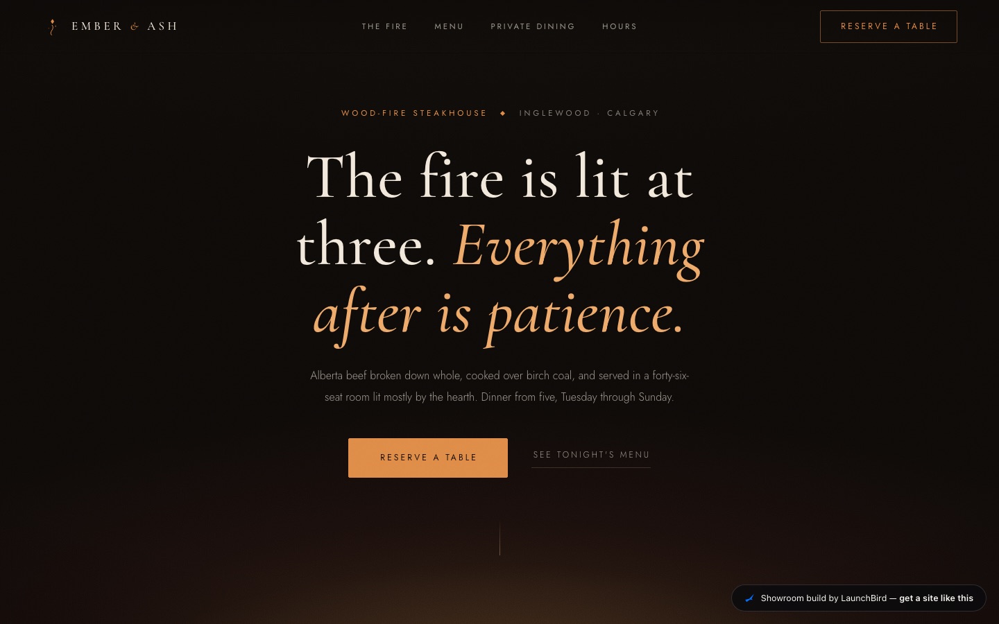 Ember and Ash concept build — moody steakhouse homepage with ember particles