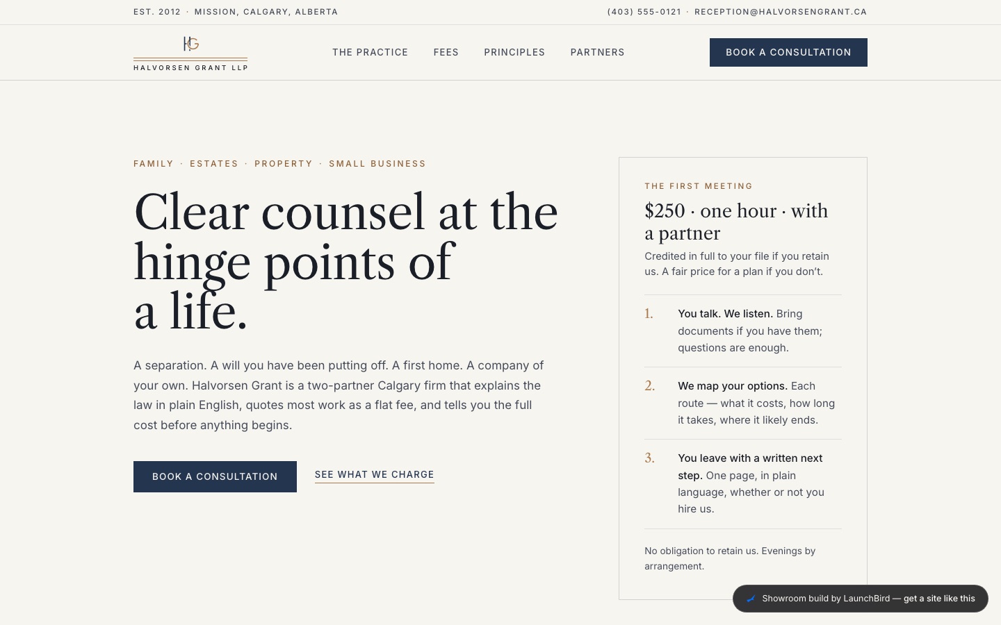 Halvorsen Grant LLP concept build — ivory broadsheet-style law firm homepage