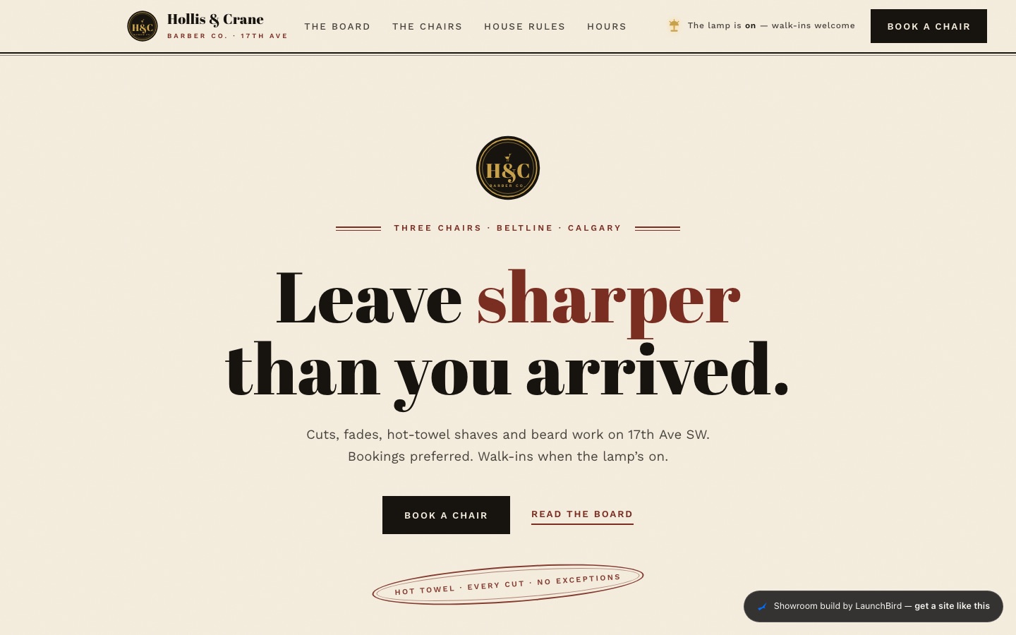 Hollis and Crane Barber Co. concept build — vintage poster barbershop homepage