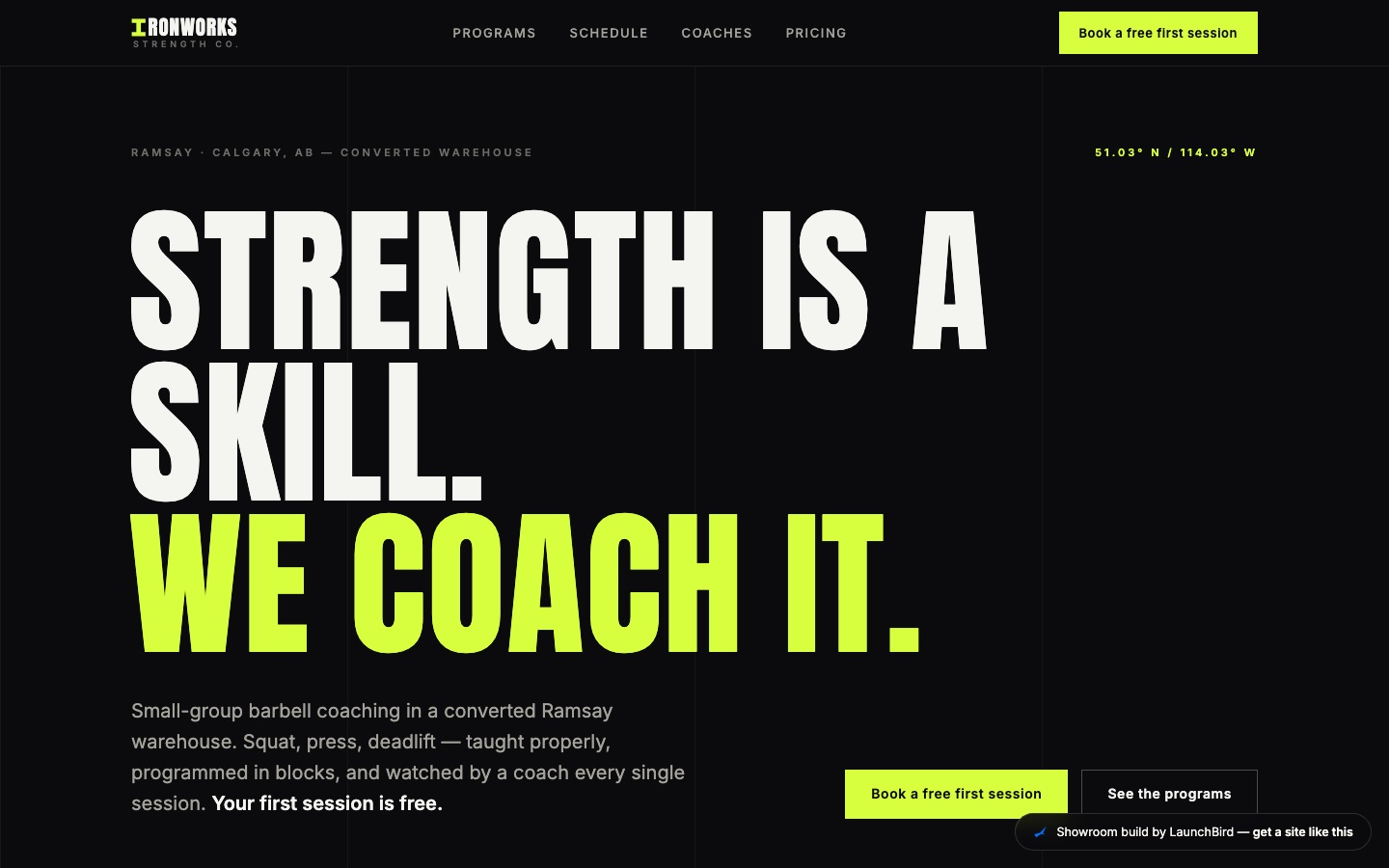 Ironworks Strength Co. concept build — brutalist dark gym homepage with acid yellow