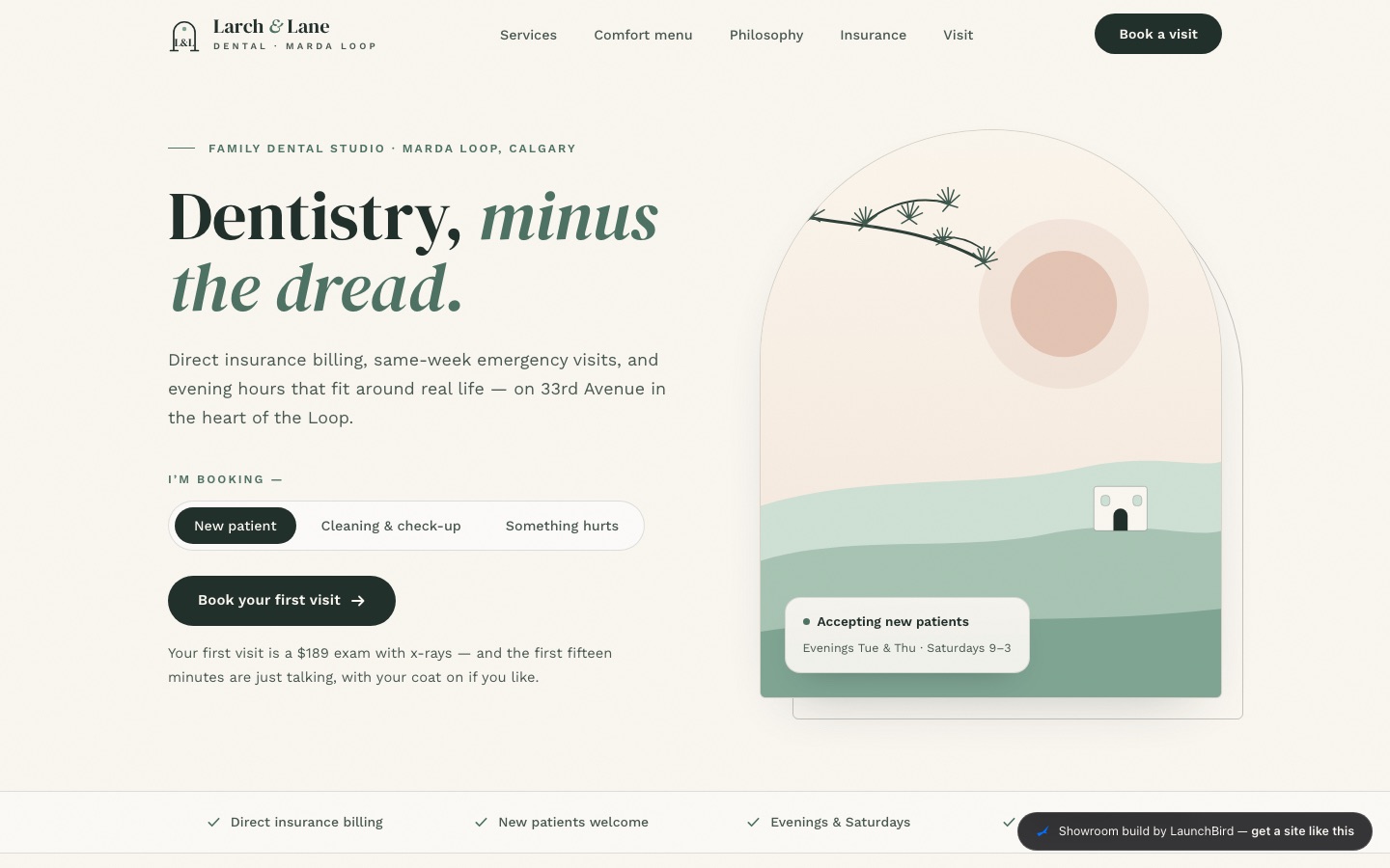 Larch and Lane Dental concept build — calm light homepage with arched motifs