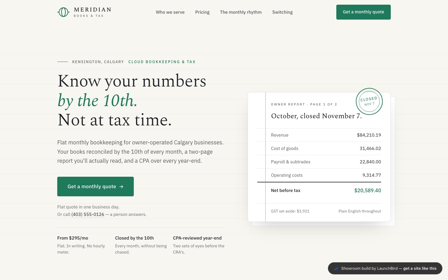 Meridian Books and Tax concept build — modern ledger bookkeeping homepage