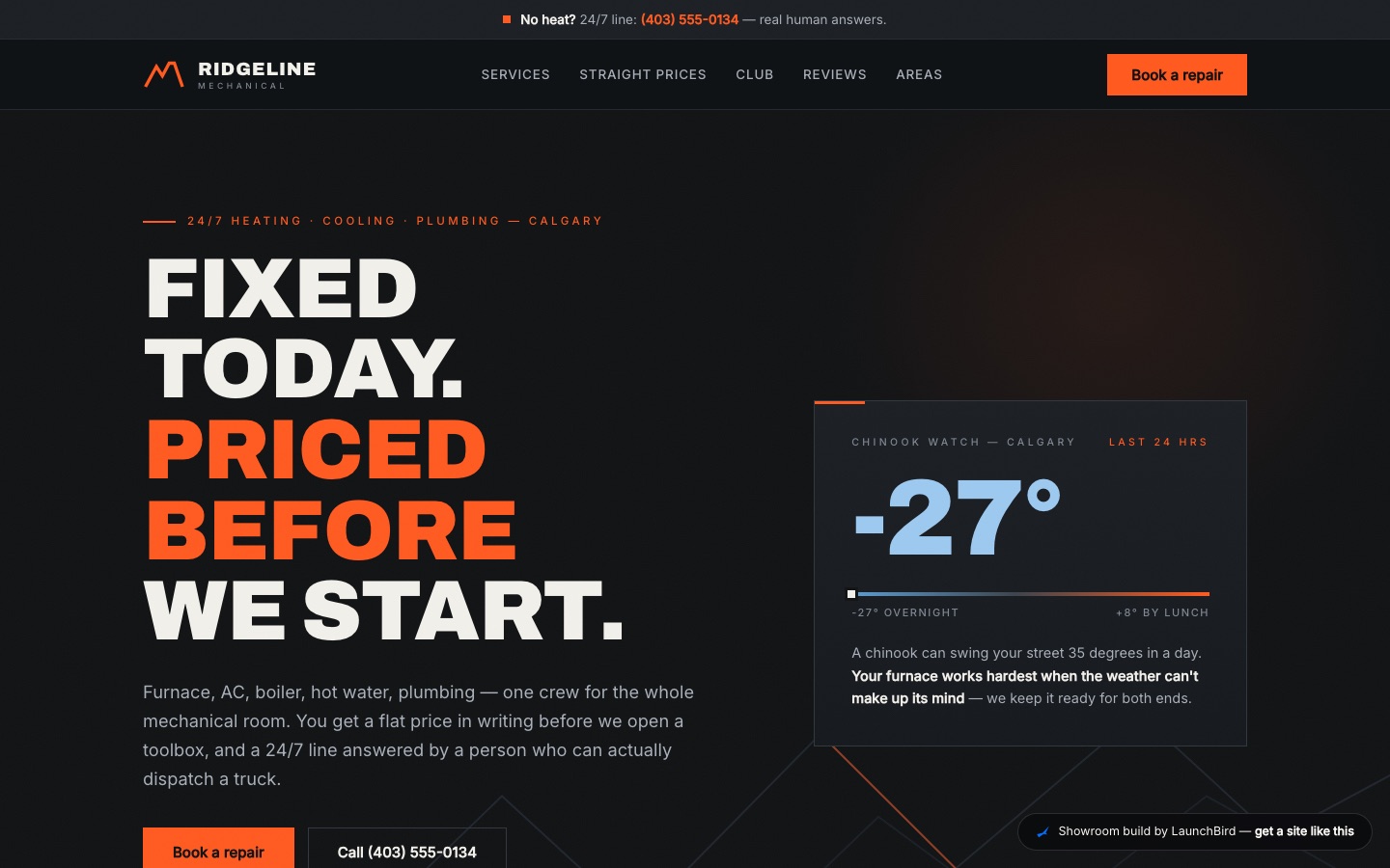 Ridgeline Mechanical concept build — industrial dark homepage with safety-orange accents