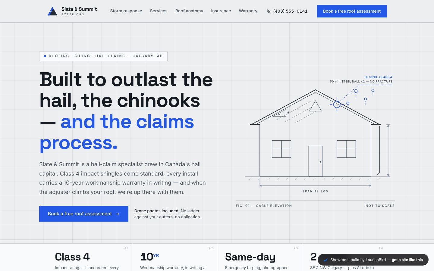 Slate and Summit Exteriors concept build — blueprint-style roofing homepage