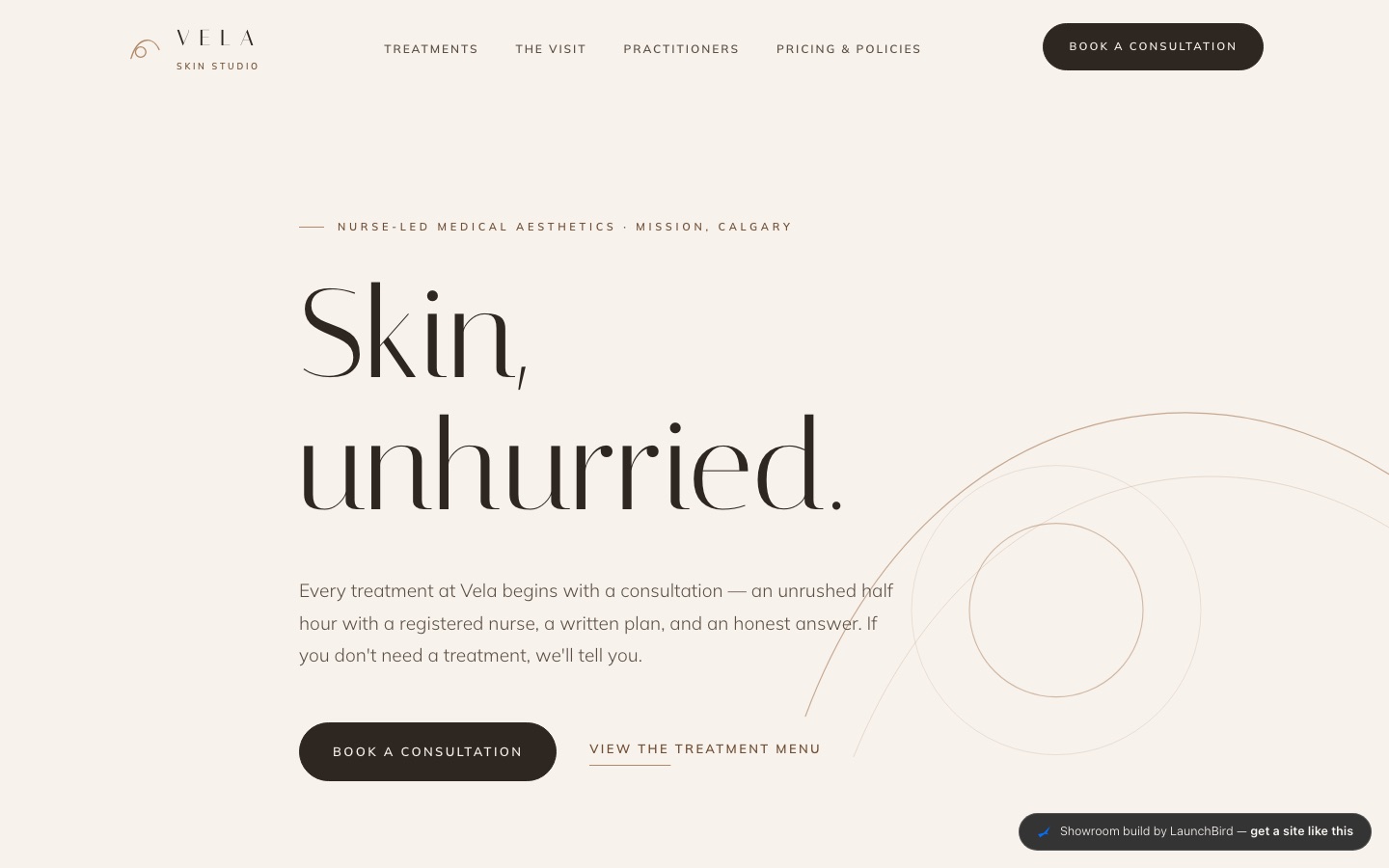 Vela Skin Studio concept build — airy light medical aesthetics homepage