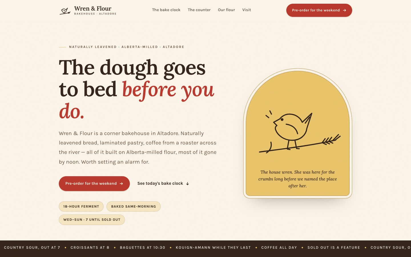 Wren and Flour Bakehouse concept build — warm cream bakery homepage
